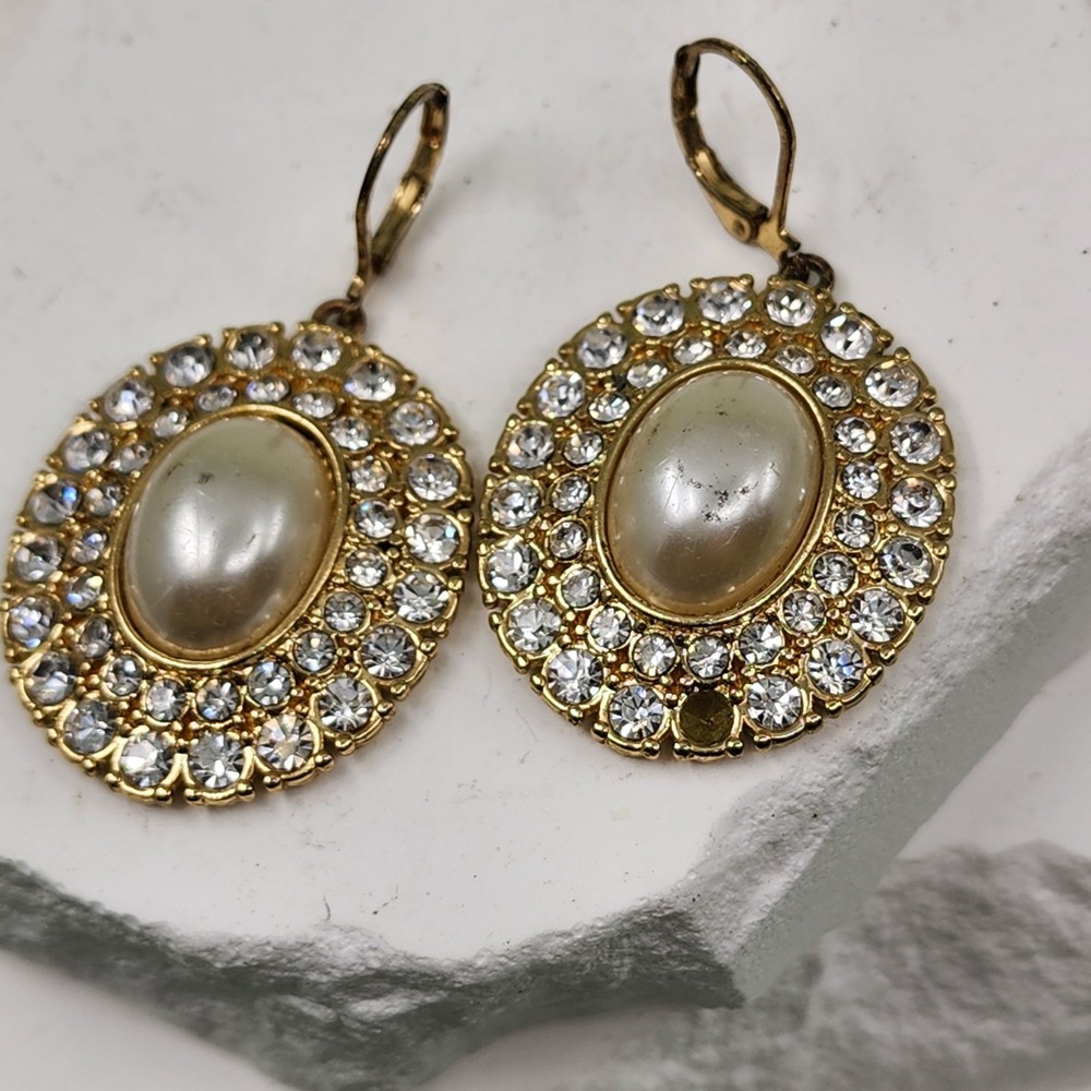 Monet Vintage Faux Pearl Rhinestone Gold Tone Oval Dangle Earrings Statement
